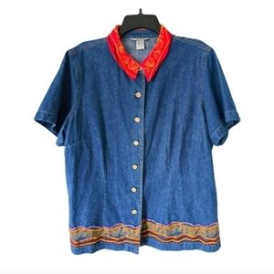 VTG Stone Bridge Chambray Shirt 1X Plus Blue Button Up Women Embroidered